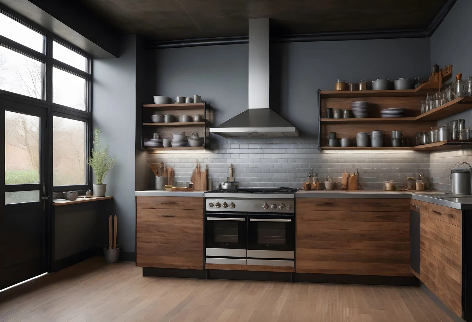 228502929_m (1) 3d render of modern kitchen in a loft style with gray walls and wooden floor