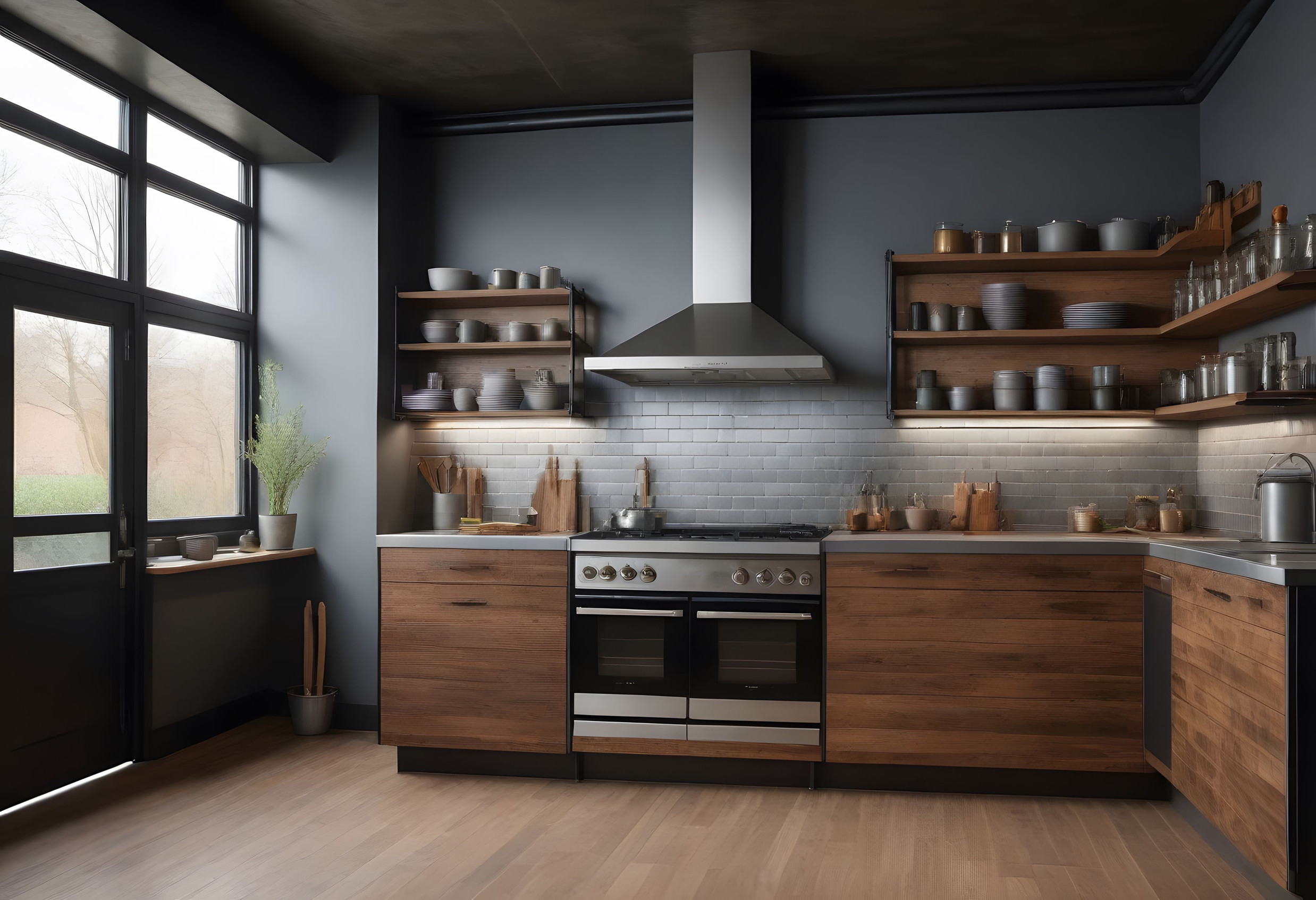 3d render of modern kitchen in a loft style with gray walls and wooden floor 3d render of modern kitchen in a loft style with gray walls and wooden floor