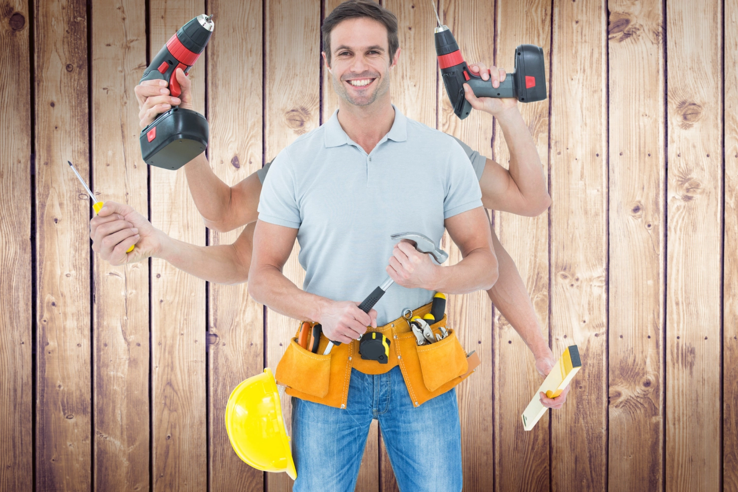 Carpenter with many arms against wooden planks<br />