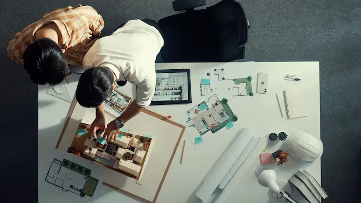 Top down view of business man and colleague design house together alimentation